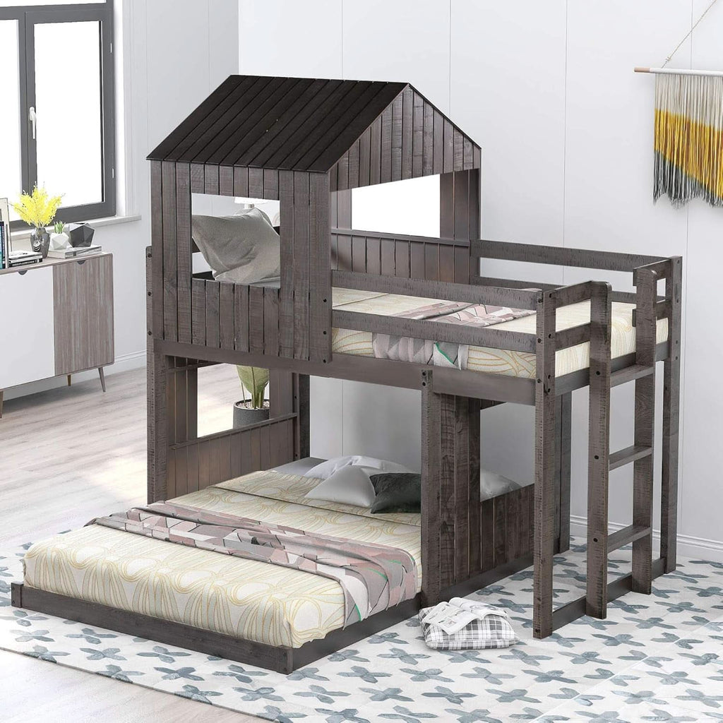 House Bunk Beds Twin Over Full Wood Distressed Grey