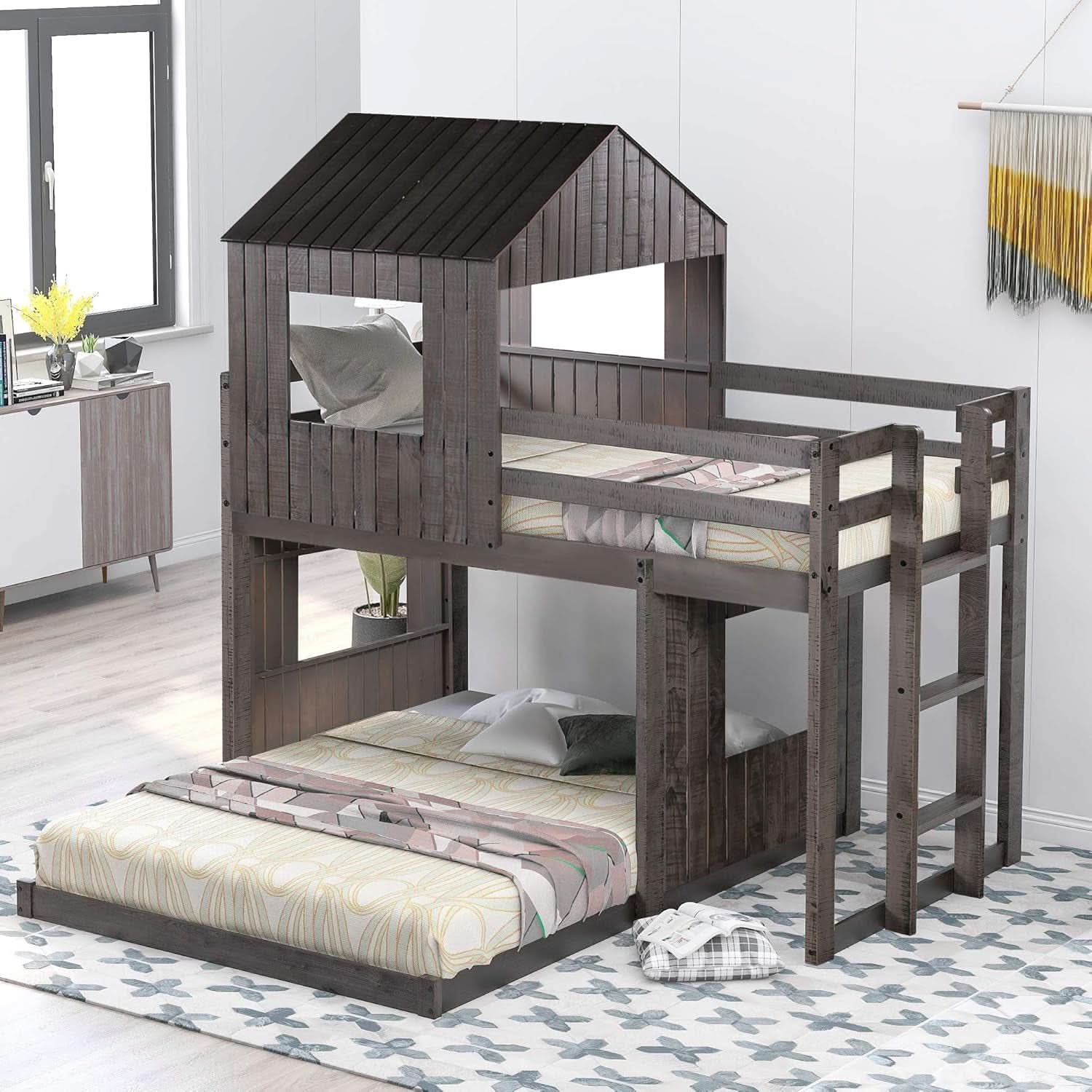 House Bunk Beds Twin Over Full Wood Distressed Grey