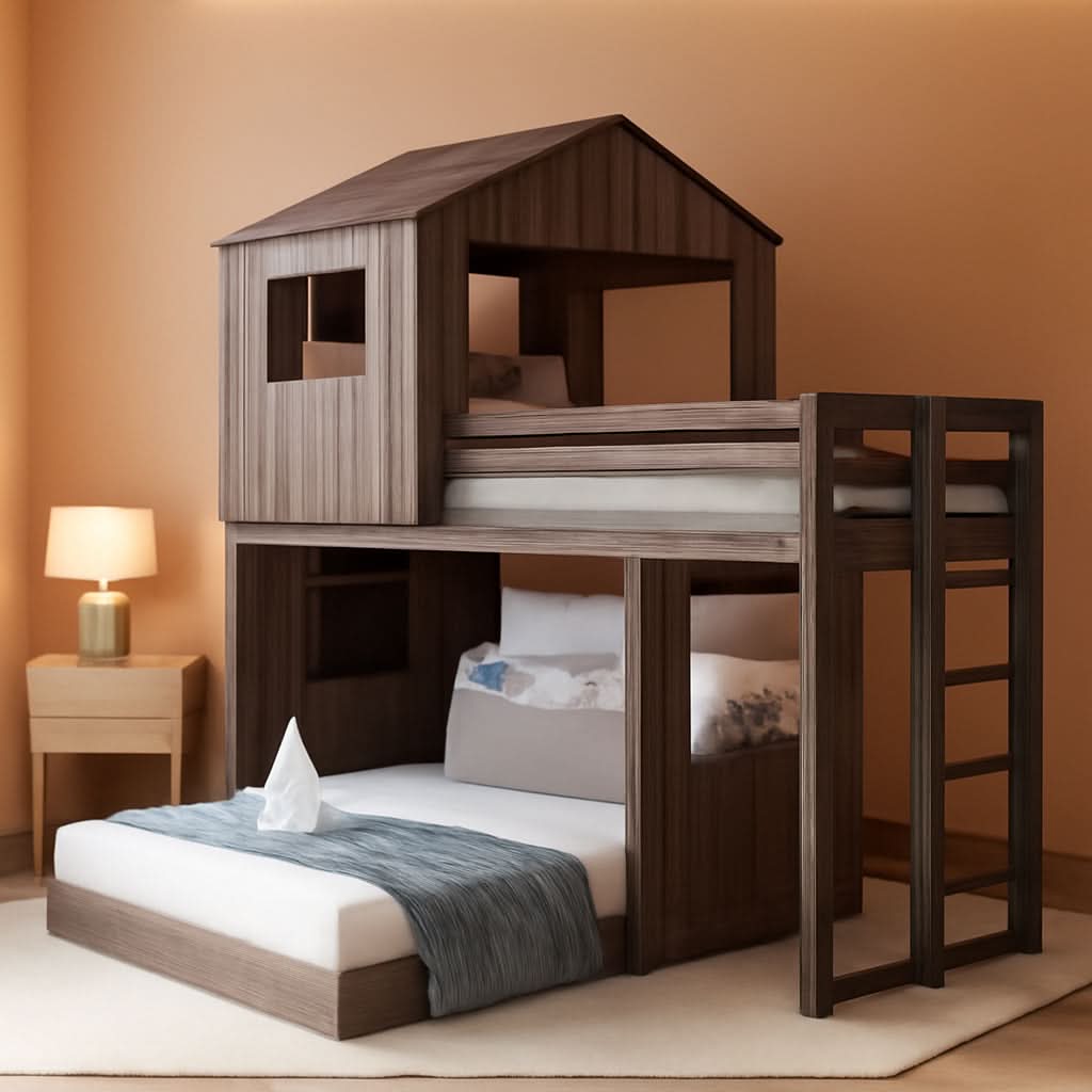 House Bunk Beds Twin Over Full Wood Distressed Grey