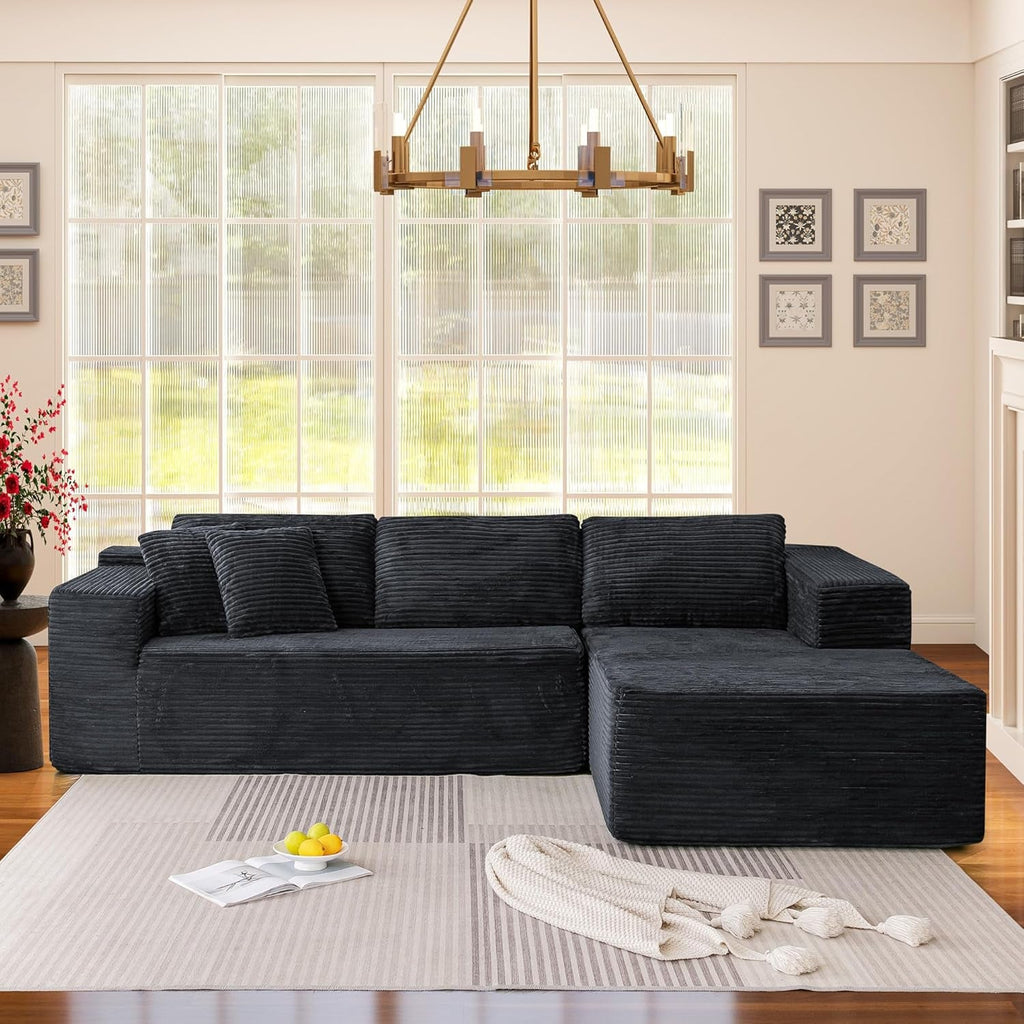 106 Inch Black Corduroy Upholstered Sectional Sofa