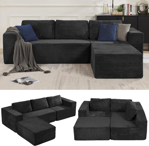 106 Inch Modular Sectional Sofa Black Corduroy Fabric