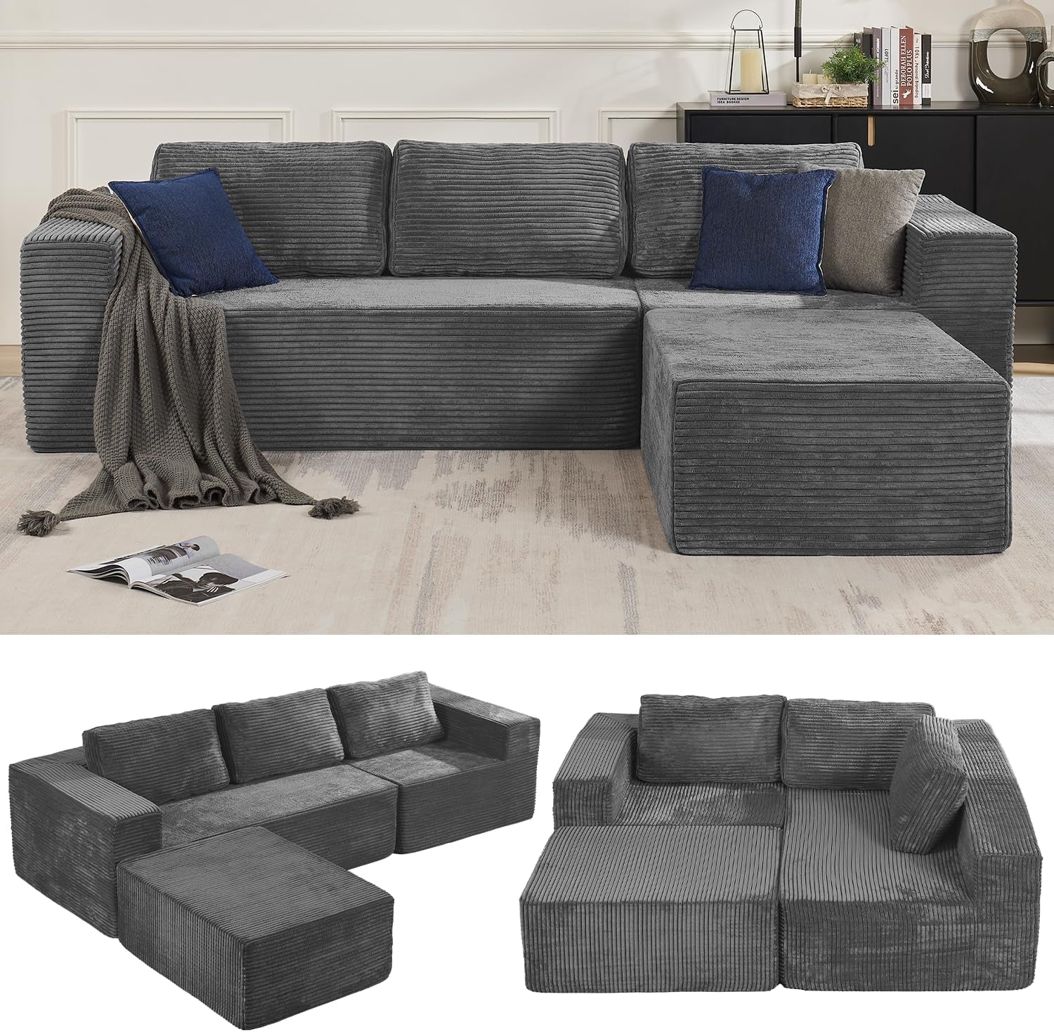 106 Inches Modular Sectional Sofa Right Facing Grey