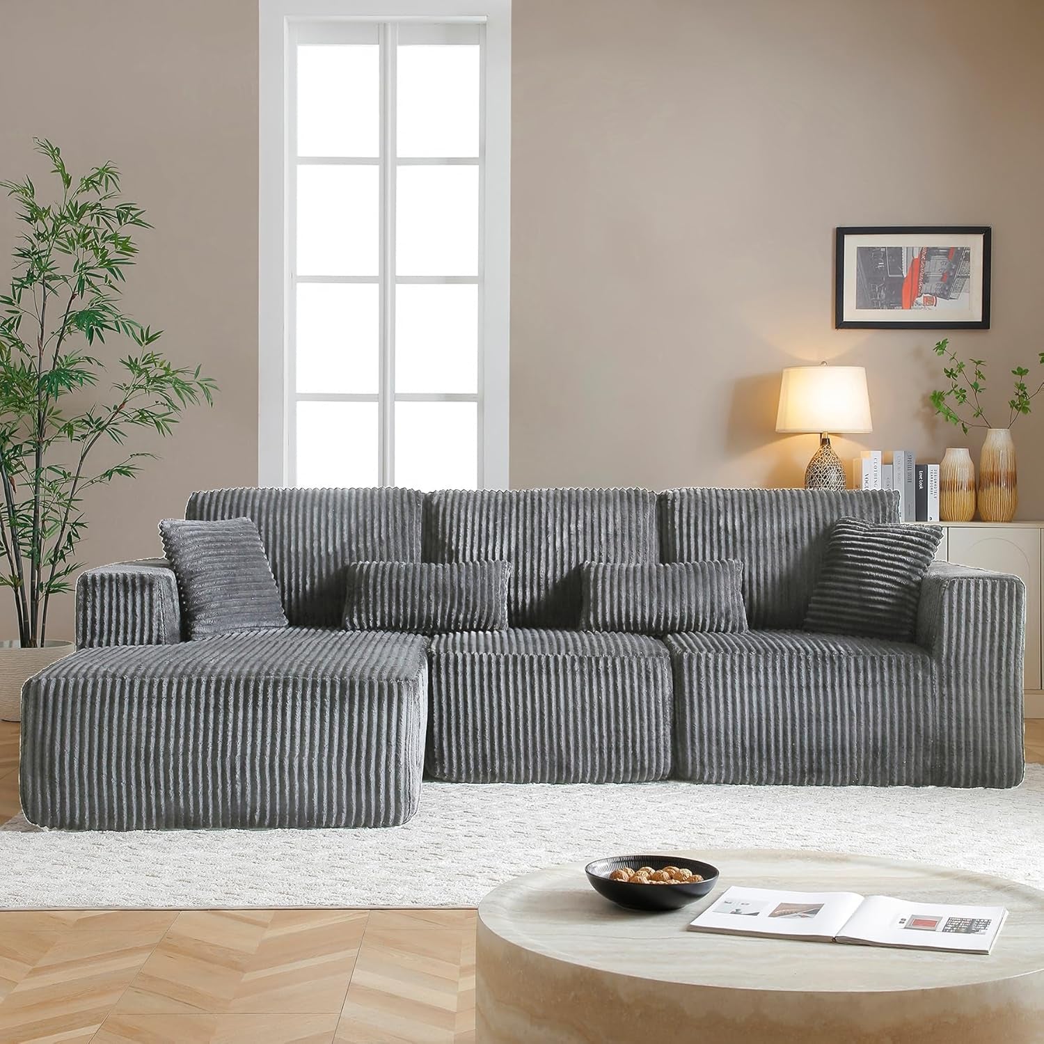 108 Inch Cloud Sectional Sofa Grey Ultra Soft Chenille