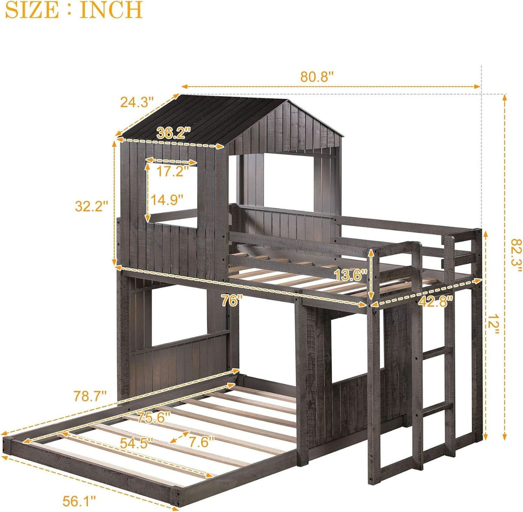 House Bunk Beds Twin Over Full Wood Distressed Grey