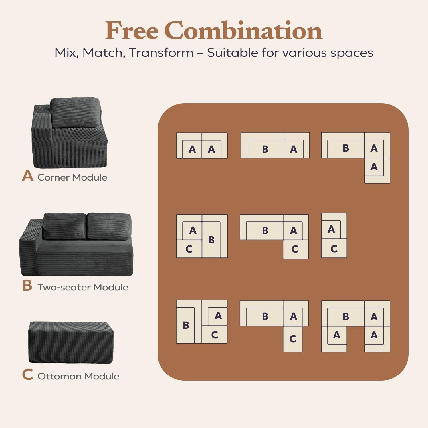 106 Inches Grey Convertible Sectional Upholstered Sofa