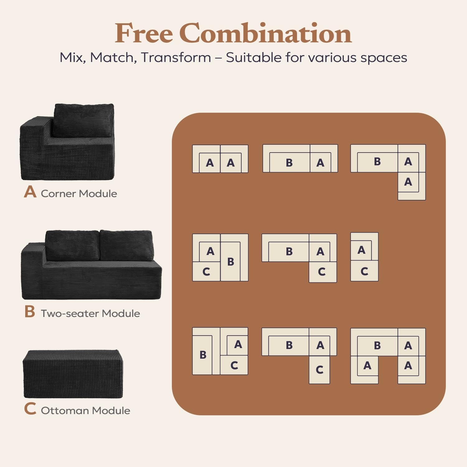 106 Inch Modular Sectional Sofa Black Corduroy Fabric