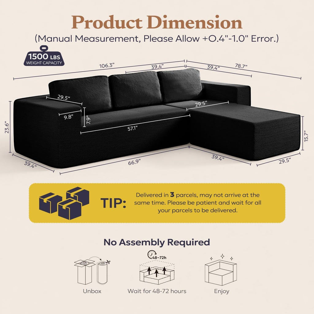 106 Inch Modular Sectional Sofa Black Contemporary