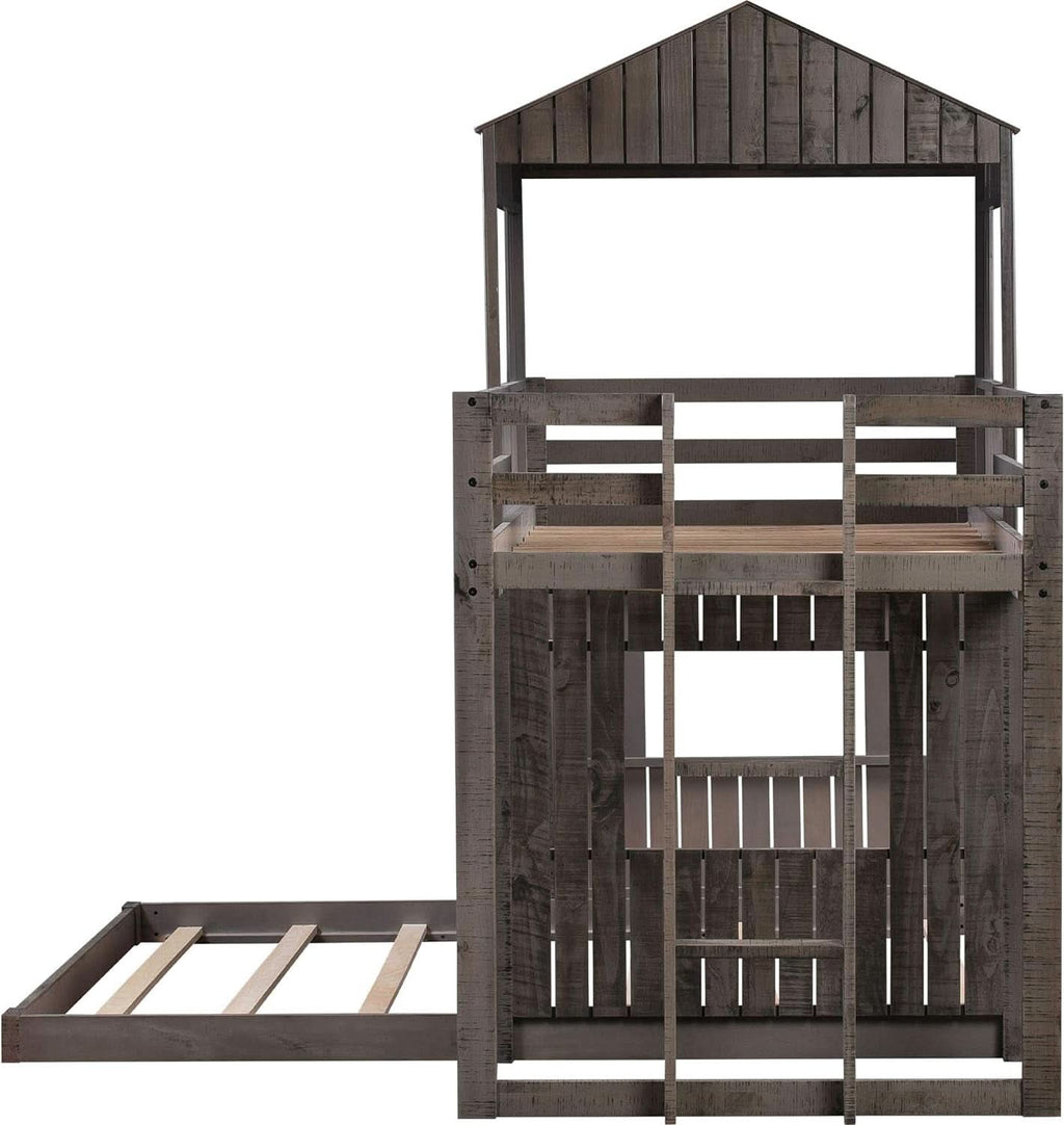 House Bunk Beds Twin Over Full Wood Distressed Grey