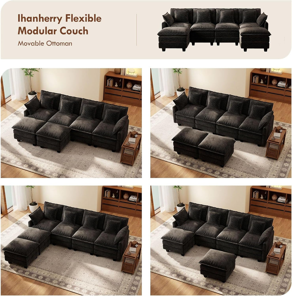 106-Inch Modular Cloud Sofa Black Sectional Modern