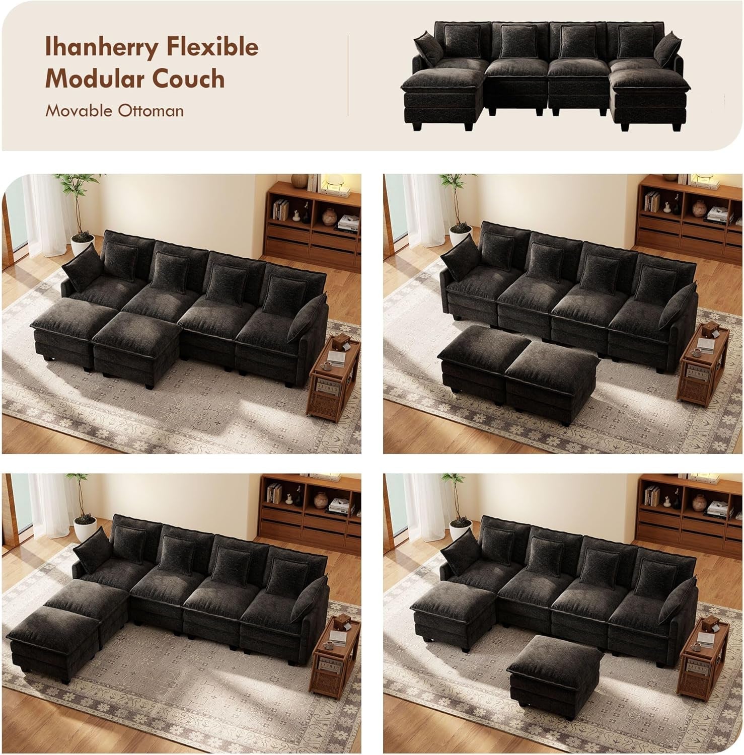 106-Inch Modular Cloud Sofa Black Sectional Modern