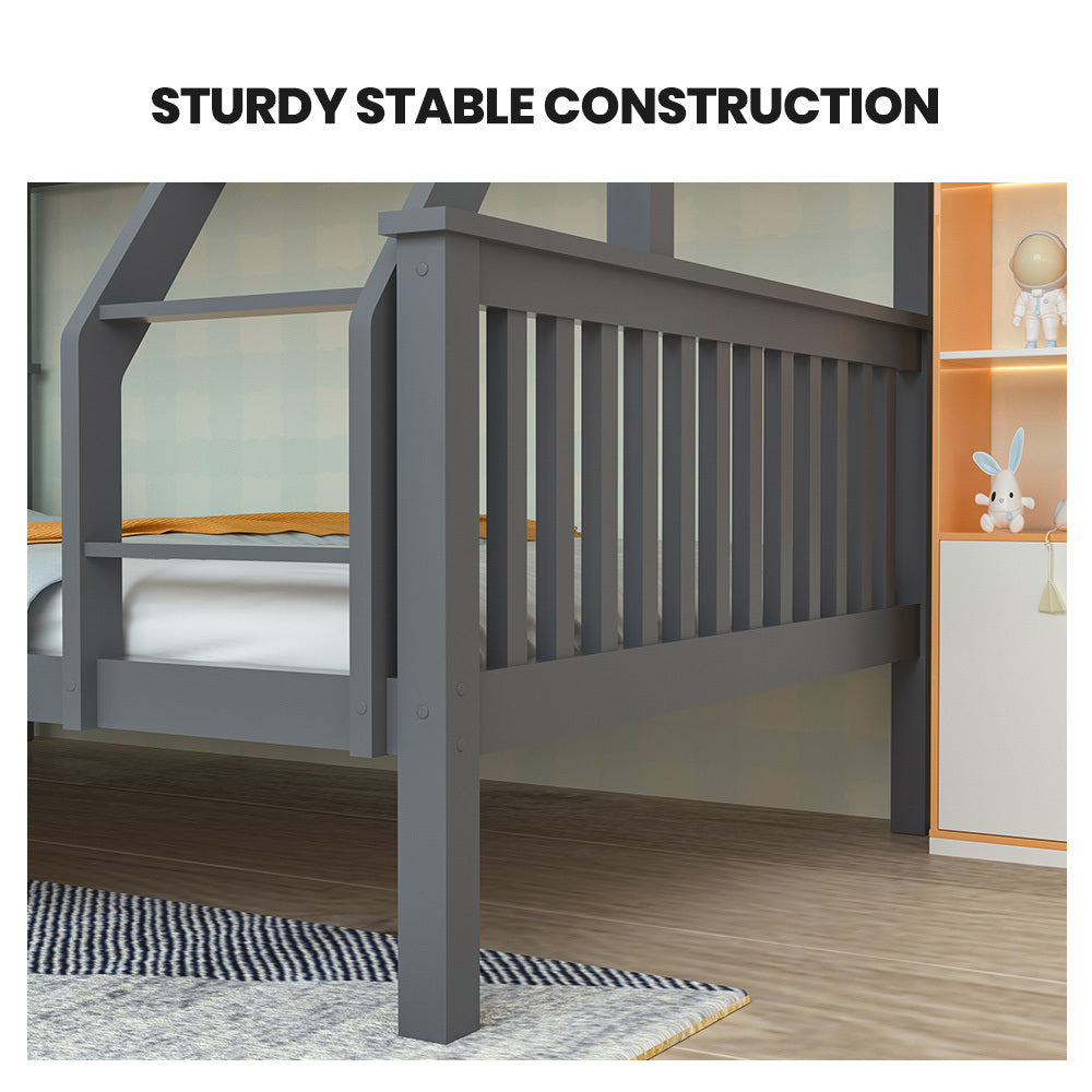 NNEMB Bunk Bed Triple Wooden Single Over Double Beds for Kids-Solid Pine Wood-Convertible Design-Grey
