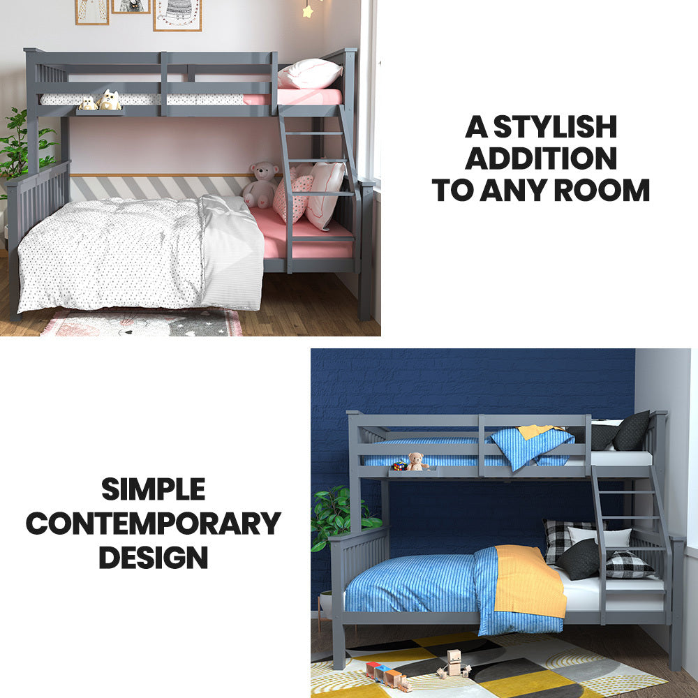 NNEMB Bunk Bed Triple Wooden Single Over Double Beds for Kids-Solid Pine Wood-Convertible Design-Grey