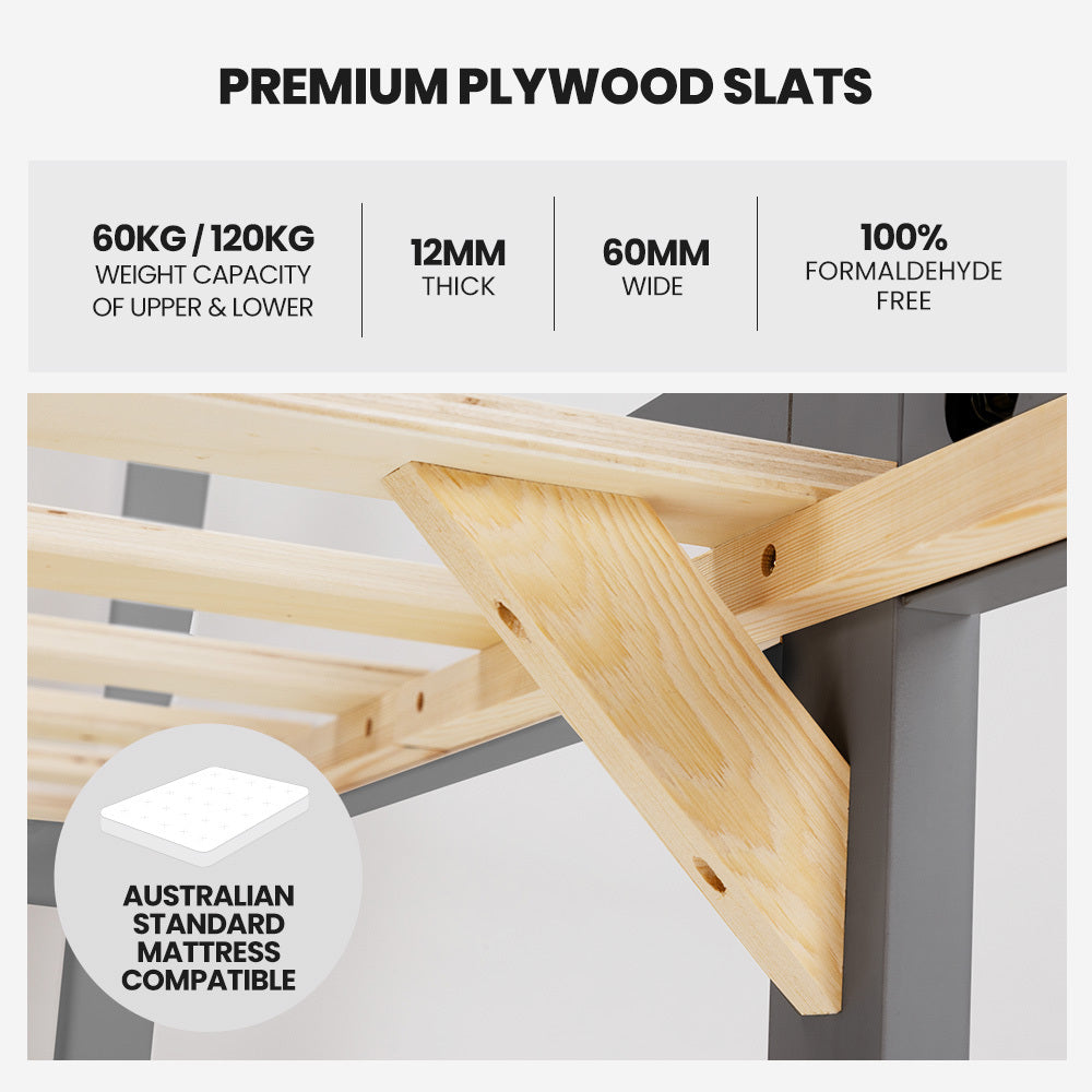 NNEMB Bunk Bed Frame-Solid Pine 2-in-1 Modular Design Convert to 2 Single Beds-Grey