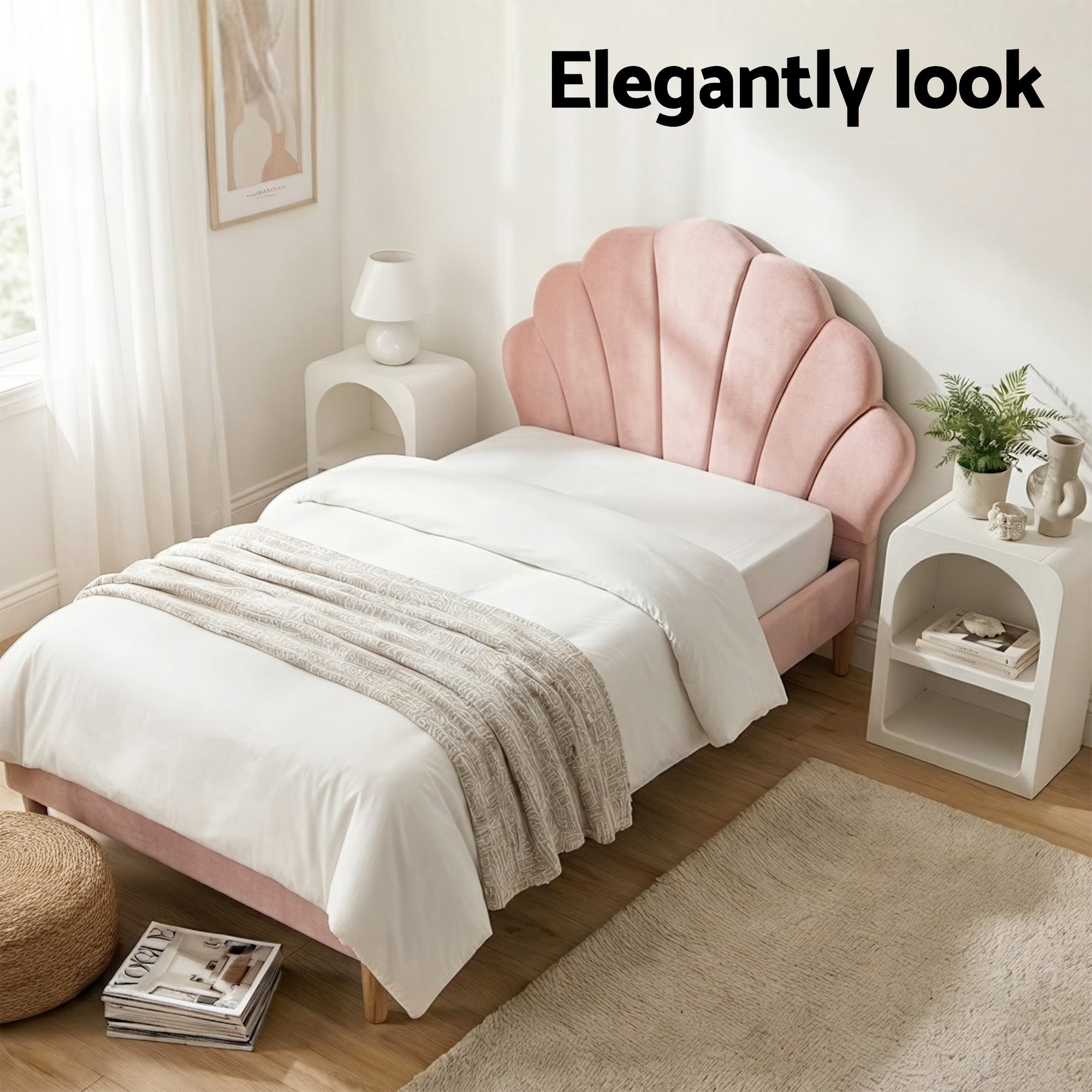 Artiss Bed Frame King Single with 2 Bedside Tables Set Scallop Headboard Pink Velvet Fabric Beds Base