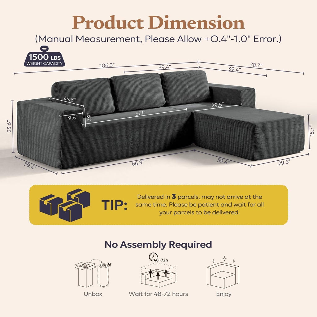106 Inches Grey Convertible Sectional Upholstered Sofa