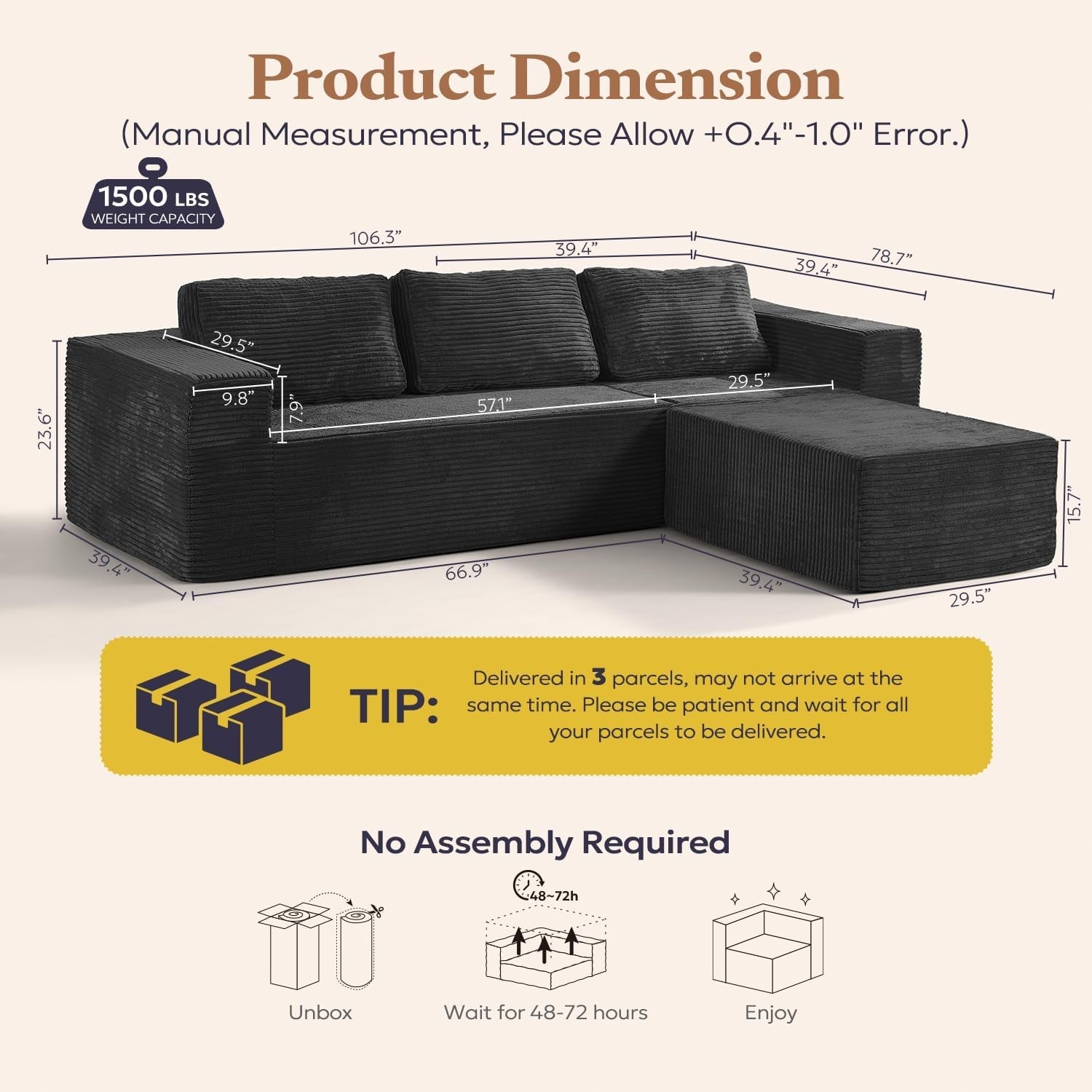 106 Inch Modular Sectional Sofa Black Corduroy Fabric