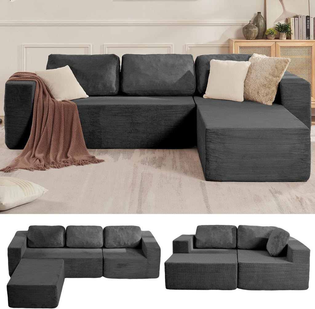 106 Inches Grey Convertible Sectional Upholstered Sofa