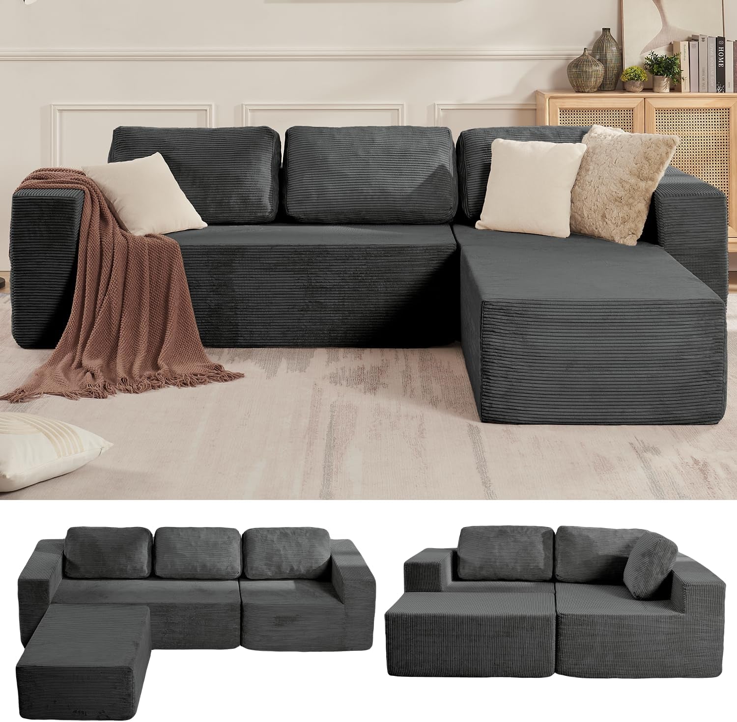 106 Inches Grey Convertible Sectional Upholstered Sofa