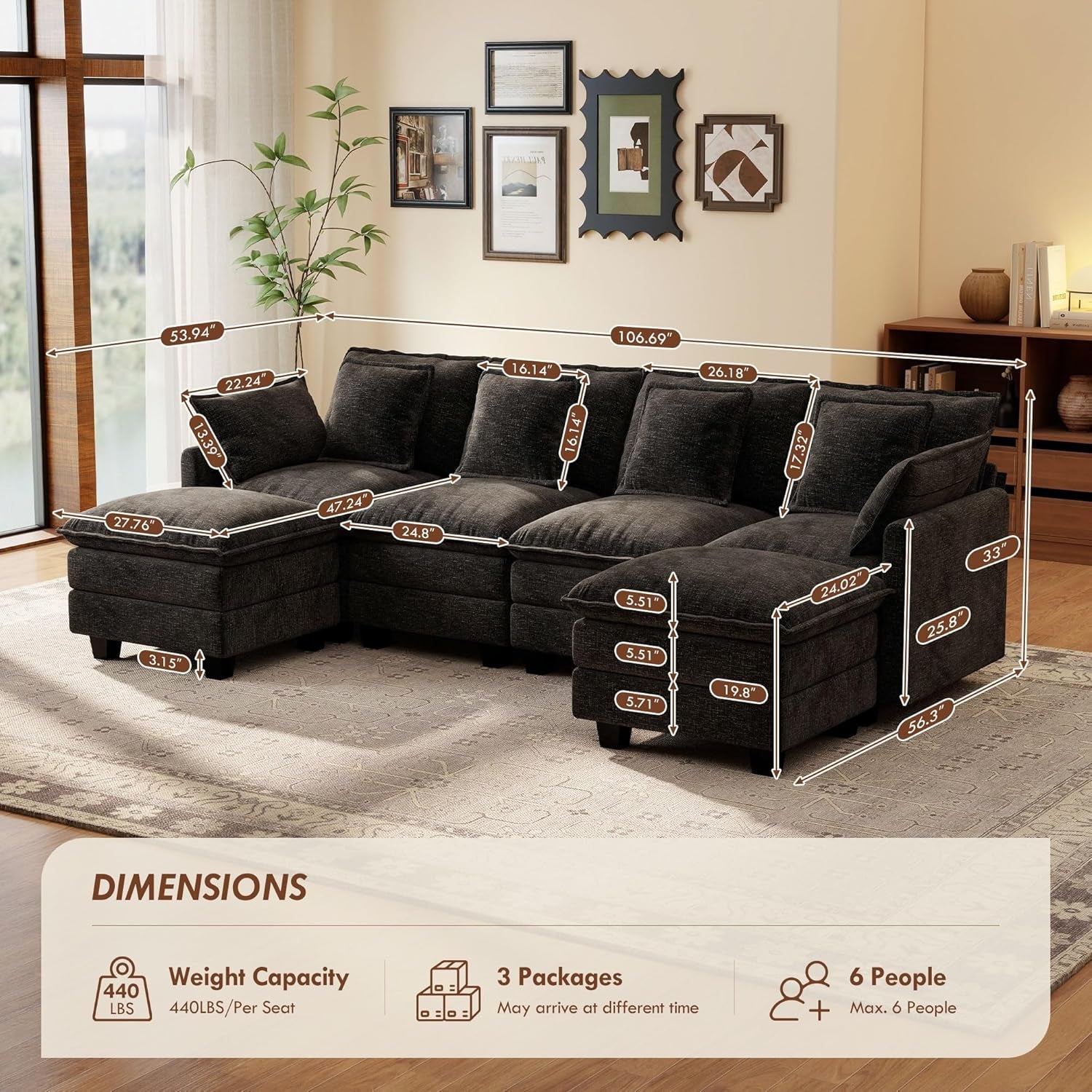 106-Inch Modular Cloud Sofa Black Sectional Modern