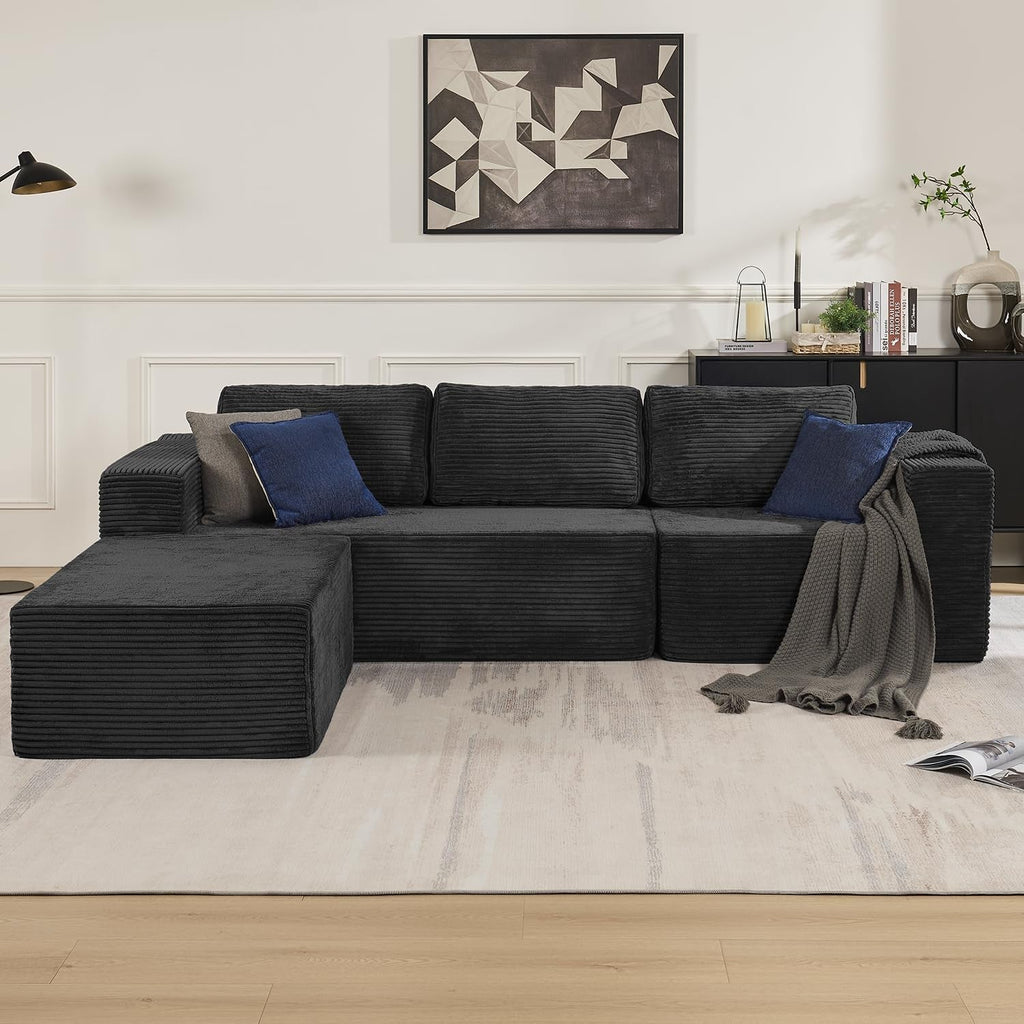 106 Inch Modular Sectional Sofa Black Corduroy Fabric